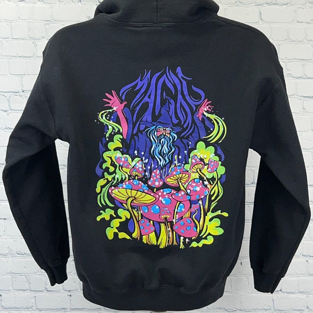 Magic Mushrooms Wizard Hoodie Hooded Sweatshirt Psychedelic ALAB Black S Small